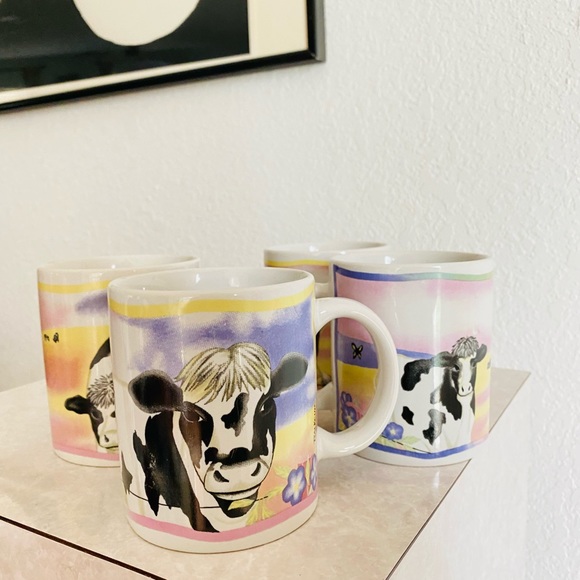 Vintage Unique 90s Cow Mugs 🐄 Farm Set of 4